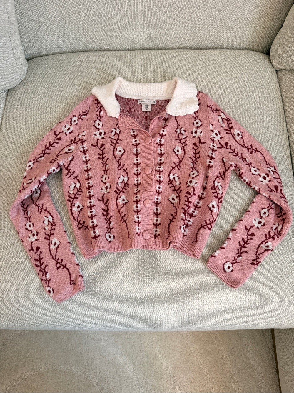 Pink Floral Knit Button-Up Sweater with Frill Collar